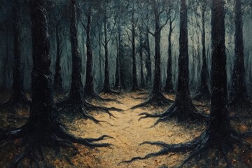 Fototapeta premium Dark forest pathway illuminated by subtle light amidst towering trees, creating an eerie yet enchanting atmosphere at dusk. Generative AI