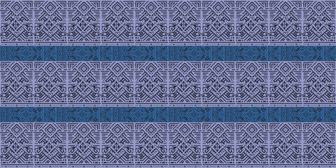 Geometric tribal pattern in blue and purple. Aztec-inspired seamless design for textiles and wallpapers.