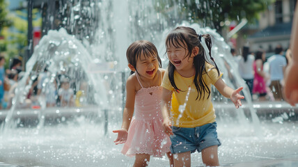 噴水で遊ぶ姉妹