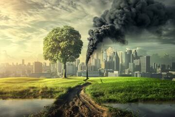 Green Grassland and Polluted City with Black Smoke Divided by a Tree Symbolizing Environmental Coexistence.