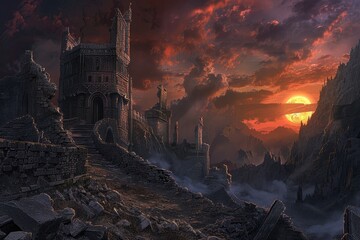 Ruined Fortress Under a Crimson Sky