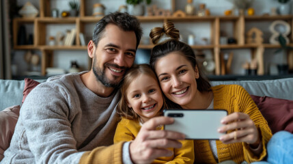 Happy family taking selfie on couch at home in the living room