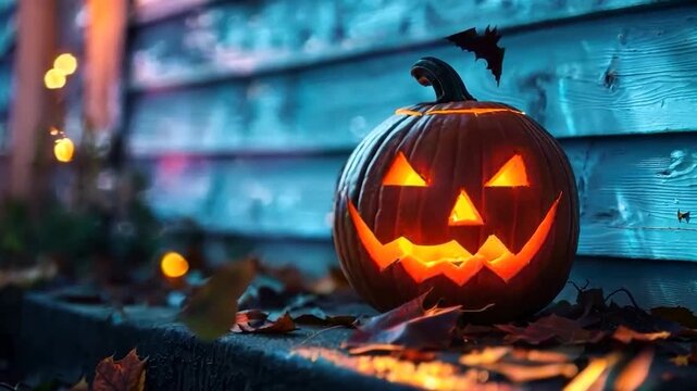 Carved pumpkin on a porch of a washed house, bat shadow in moonlit sky, spooky atmosphere with copy space