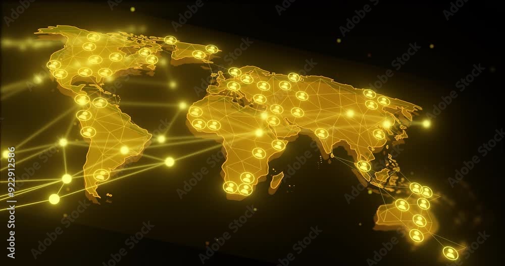 Poster global network connections animation over illuminated world map with glowing nodes