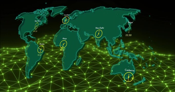 World map with time zones and clocks animation over green network grid