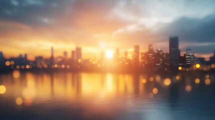 Fototapeta premium Golden Hour Cityscape: A mesmerizing panorama of a modern city bathed in the warm glow of a setting sun, with the cityscape reflected in the water