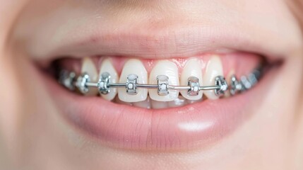 Obraz premium Detailed Close up Photograph Showcasing the Precision and Accuracy of an Orthodontic Braces Adjustment Procedure on a Patient s Teeth with Shallow Depth of Field