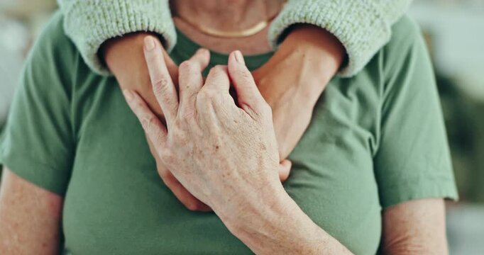 Senior woman, daughter and holding hands for support, trust or care, help or hope after cancer diagnosis. Person comfort elderly mother, closeup and empathy, kindness or love, connection and together