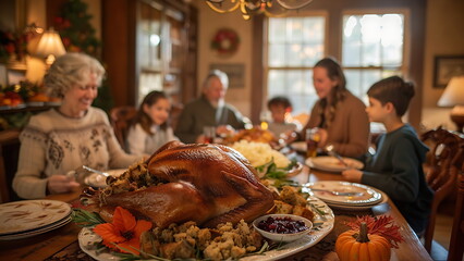 Thanksgiving dinner table with a roasted turkey, mashed potatoes, stuffing, and cranberries. There are also pumpkins and children in the background