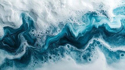 Naklejka premium Design an elegant painting of wavy resin sheets in turquoise and white, marbleized and captured in macro zoom. The large-scale canvas represents an abstract ocean shoreline, detailed and presented on