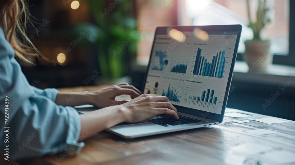 Poster professional woman analyzing financial data on laptop with charts and graphs - business analytics co