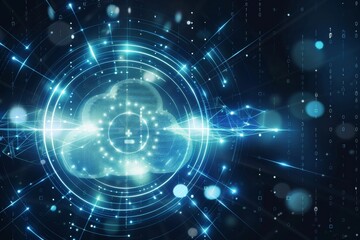 Obraz premium Futuristic cloud icon with glowing blue lights on a dark digital background, representing cloud computing, big data, and AI in 3D rendering.
