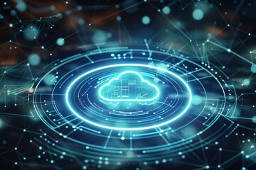 Futuristic cloud icon with glowing blue lights on a dark digital background, representing cloud computing, big data, and AI in 3D rendering.
