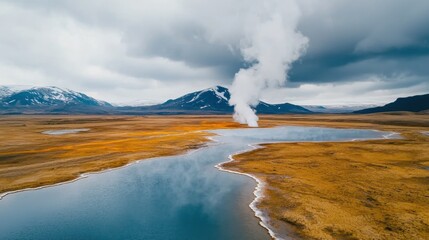 Aerial View of a Geothermal Lake with Steam Rising in Iceland.