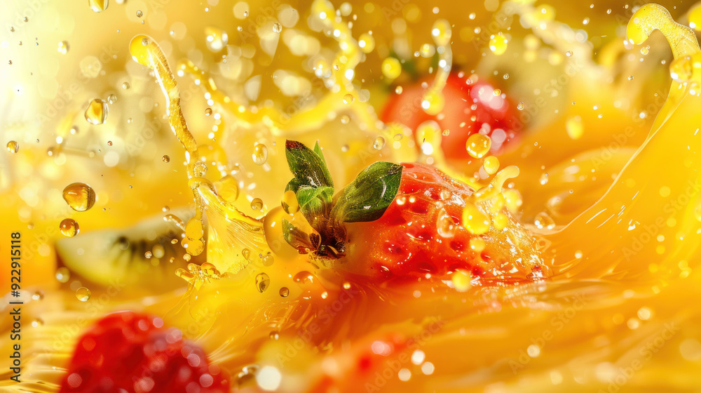 Poster vibrant fruit juice splash with suspended droplets on studio background