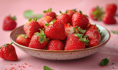 valentine day breakfast with heart shaped waffles,strawberries in plate on pink background generative ai.