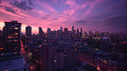 Obraz premium Urban Magic: Captivating Twilight Cityscape Viewed from Rooftop Bar