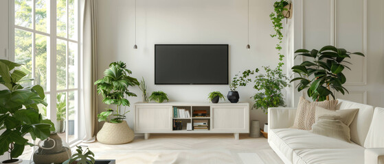Minimalist Living Room Decor with White TV Unit and Lush Green Plants