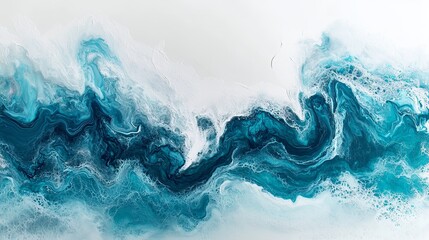 Imagine an innovative painting showcasing wavy resin sheets in turquoise and white, marbleized with macro zoom. The large-scale canvas portrays an abstract ocean shoreline, meticulously detailed on a