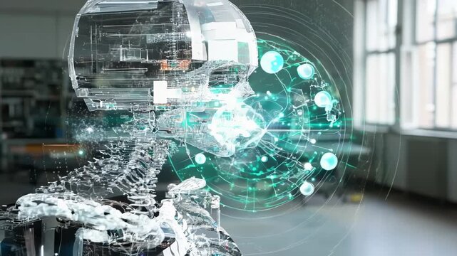 Digital skeleton materializes in laboratory. Glowing particles float within translucent structure. Advanced holographic technology showcases intricate anatomical details.	