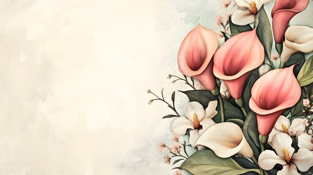 A bouquet of delicate pink and white calla lilies against a soft yellow background. Template for quotes, and greetings cards.