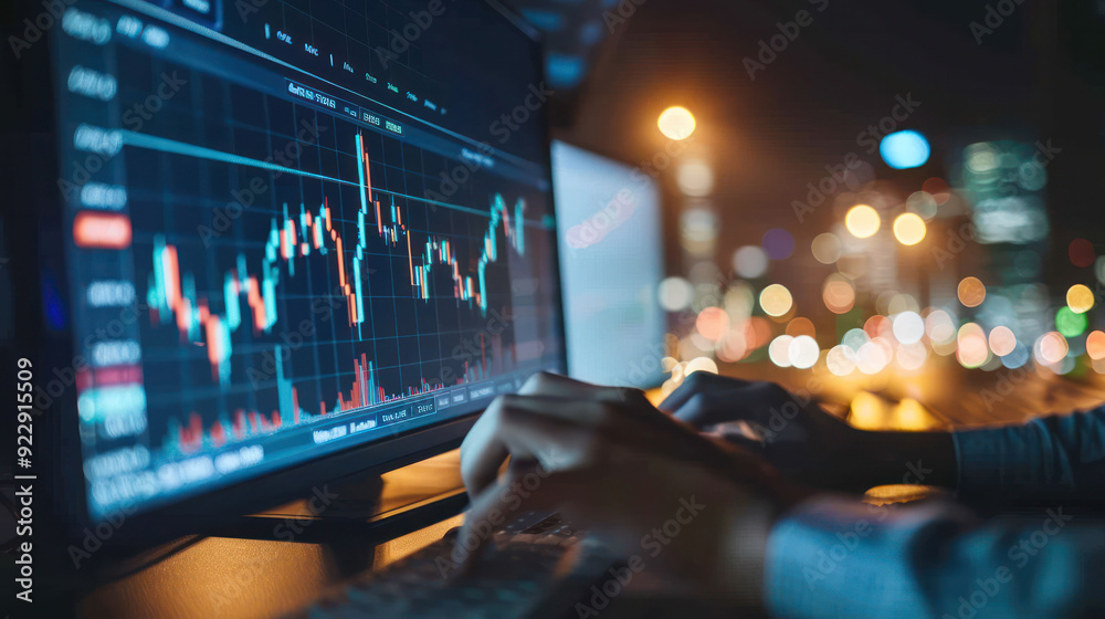 Poster Financial Data Analysis: Stock Market Graph Displayed on Computer Screen