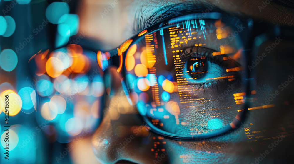 Poster futuristic financial analysis concept - close-up of eye with digital data reflections on glasses