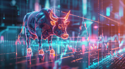 Futuristic Digital Bull Market Concept with Neon Stock Chart Overlay