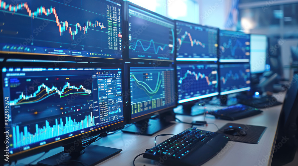Aufkleber Futuristic Trading Environment with Multiple Stock Graph Monitors