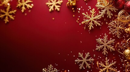 Golden Snowflakes on Crimson: A festive red backdrop with a sprinkle of gold glitter, framed by golden snowflakes and ornaments, evoking the warmth and sparkle of the holiday season. 