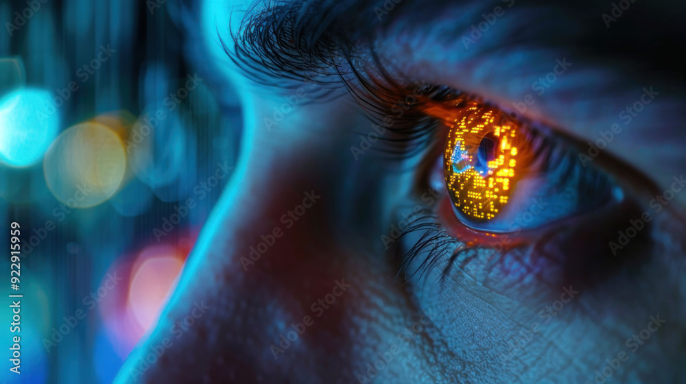 Poster intense focus: close-up of stock trader's eye with neon financial data illuminating screen