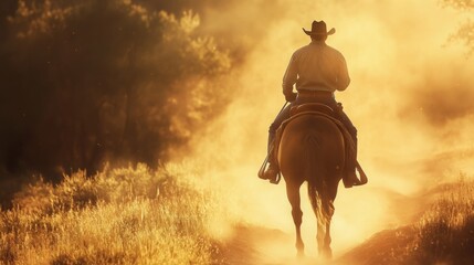 Obraz premium A cowboy rides a horse along a dusty trail as the sun sets, creating a golden glow in the open landscape.