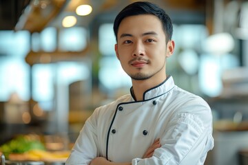 Naklejka premium Photo of young Asian male chef on background with generative ai