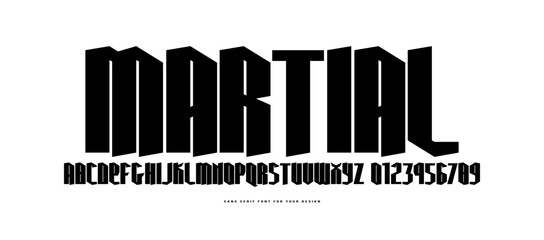 Narrow sans serif font in black letter style. Letters and numbers for label and emblem design. Black print on white background