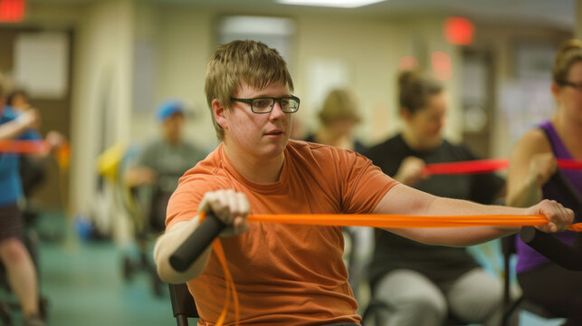 Determined individual with muscular dystrophy participating in group fitness class with resistance band exercises