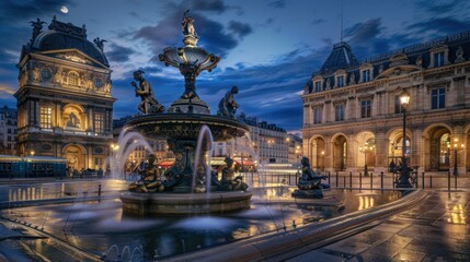Fototapeta premium Fountain of the Innocents in Paris Under a Twilight Sky