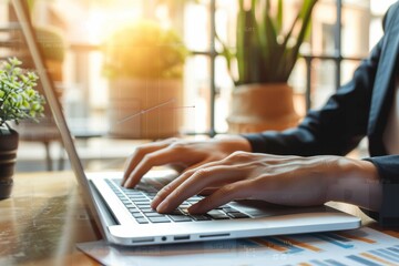 Businesswoman analyzing financial charts on a laptop in an office setting, focusing on banking, development, and market planning with close-up details and natural light.