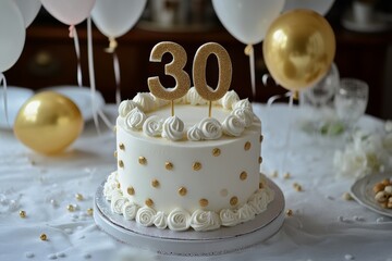 A stunning 30th birthday cake adorned with golden embellishments and surrounded by festive balloons