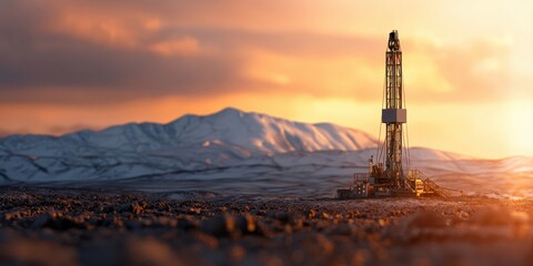 Obraz premium Oil Rig at Sunset in the Mountains.