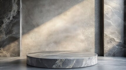 Marble Elegance: A minimalist sunlit marble podium stands against a textured concrete backdrop, perfect for showcasing your product with timeless sophistication. 