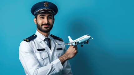 A young pilot proudly displays a miniature airplane while smiling against a vibrant blue backdrop
