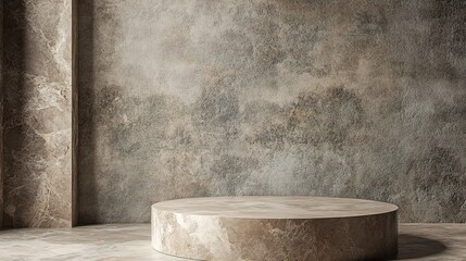 Stone Podium Against Concrete Wall: Minimalist Display Mockup with a stone podium against a textured concrete wall.  Ideal for showcasing products, branding, or design concepts.