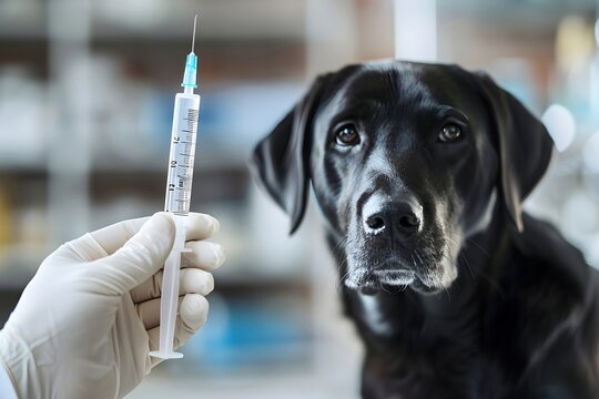 Veterinarian holding syringe with vaccine near big white dog in clinic. Treatment and pet care. National Vaccination Day. World Rabies Day. Animal care, vaccination of pets concept