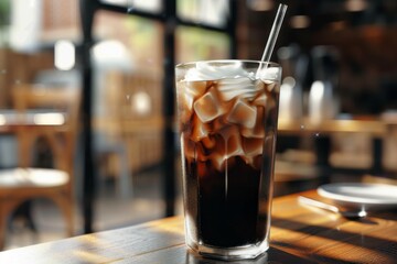 Cold black coffee with ice cubes and cream in a tall glass on a cafe table, photorealistic with natural lighting and soft shadows.