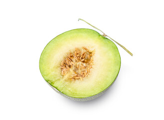 Cut in half of Green pearl Melon fruit fully ripe have the juicy and sweet inside with many seeds isolated on white background.