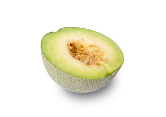Cut in half of Green pearl Melon fruit fully ripe have the juicy and sweet inside with many seeds isolated on white background.