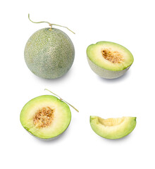 Set of Cut in half and slice of Green pearl Melon fruit fully ripe have the juicy and sweet inside with many seeds isolated on white background.