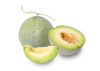 Group Cut in half and slice of Green pearl Melon fruit fully ripe have the juicy and sweet inside with many seeds isolated on white background.