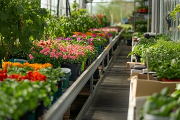 Vibrant greenhouse bursting with colorful flowers and lush greenery during a sunny afternoon in spring. Generative AI