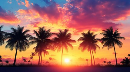 Sunset Paradise: Palm trees stand silhouetted against a vibrant tropical sunset, creating a picture-perfect scene of tranquility and natural beauty. 